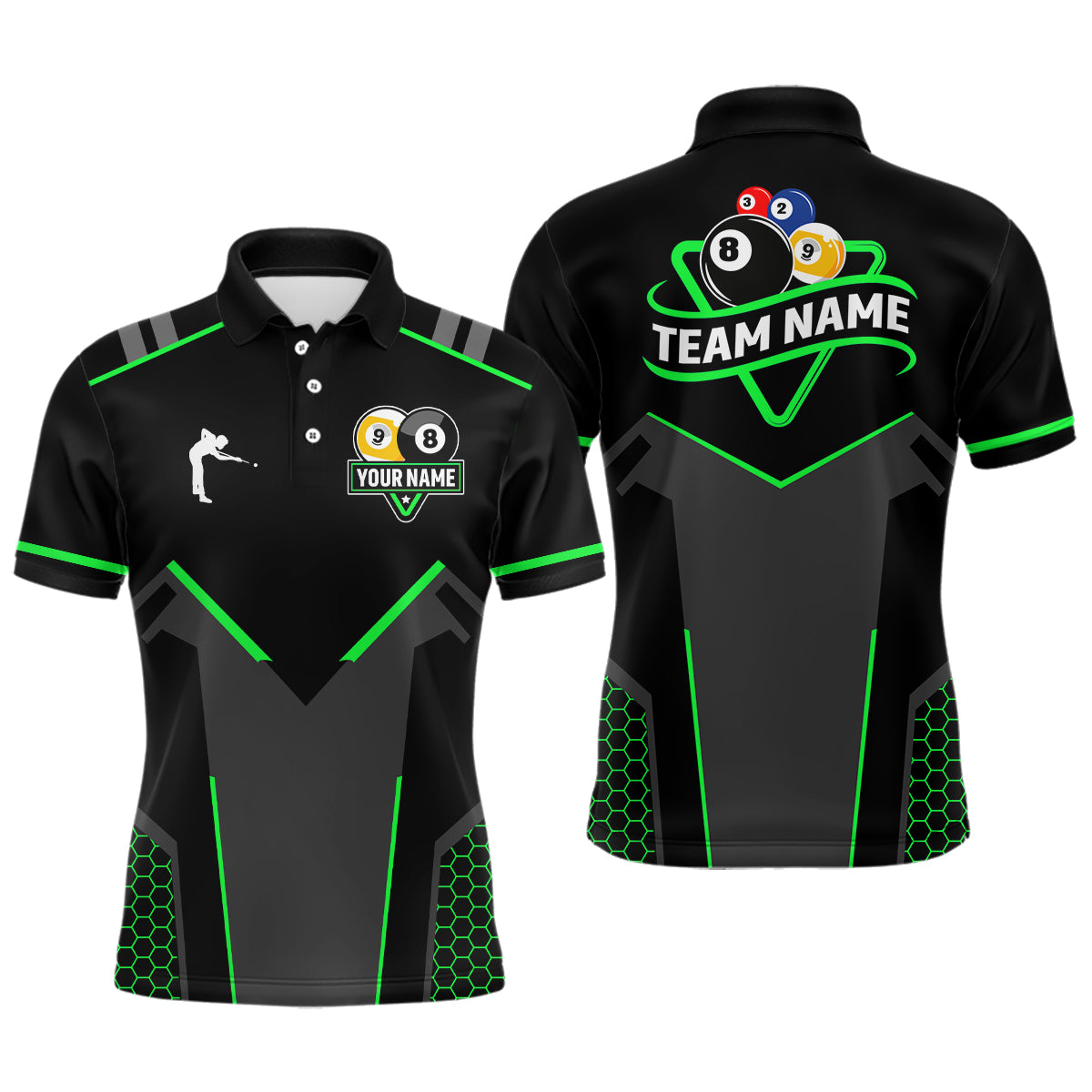 Personalized Billiard 8 Ball & 9 Ball Pool Polo, 1/4 Zip For Men Custom Team Billiard Jersey |Green TDM3581