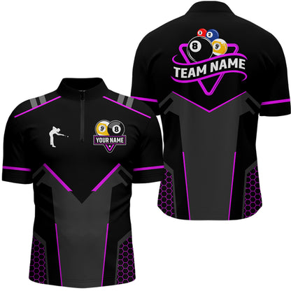 Personalized Billiard 8 Ball & 9 Ball Pool Polo, 1/4 Zip For Men Custom Team Billiard Jersey|Purple TDM3582