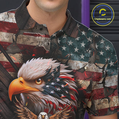 American Flag Flame Eagle Bowling Shirt For Men Custom Patriotic Bowling Jersey Polo & 1/4 Zip TDM6108