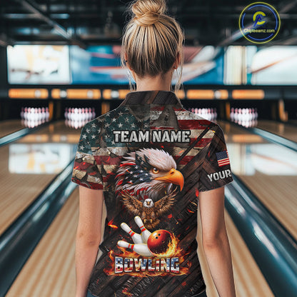 American Flag Flame Eagle Bowling Shirt For Women Custom Patriotic Bowling Jersey Polo & 1/4 Zip TDM6108