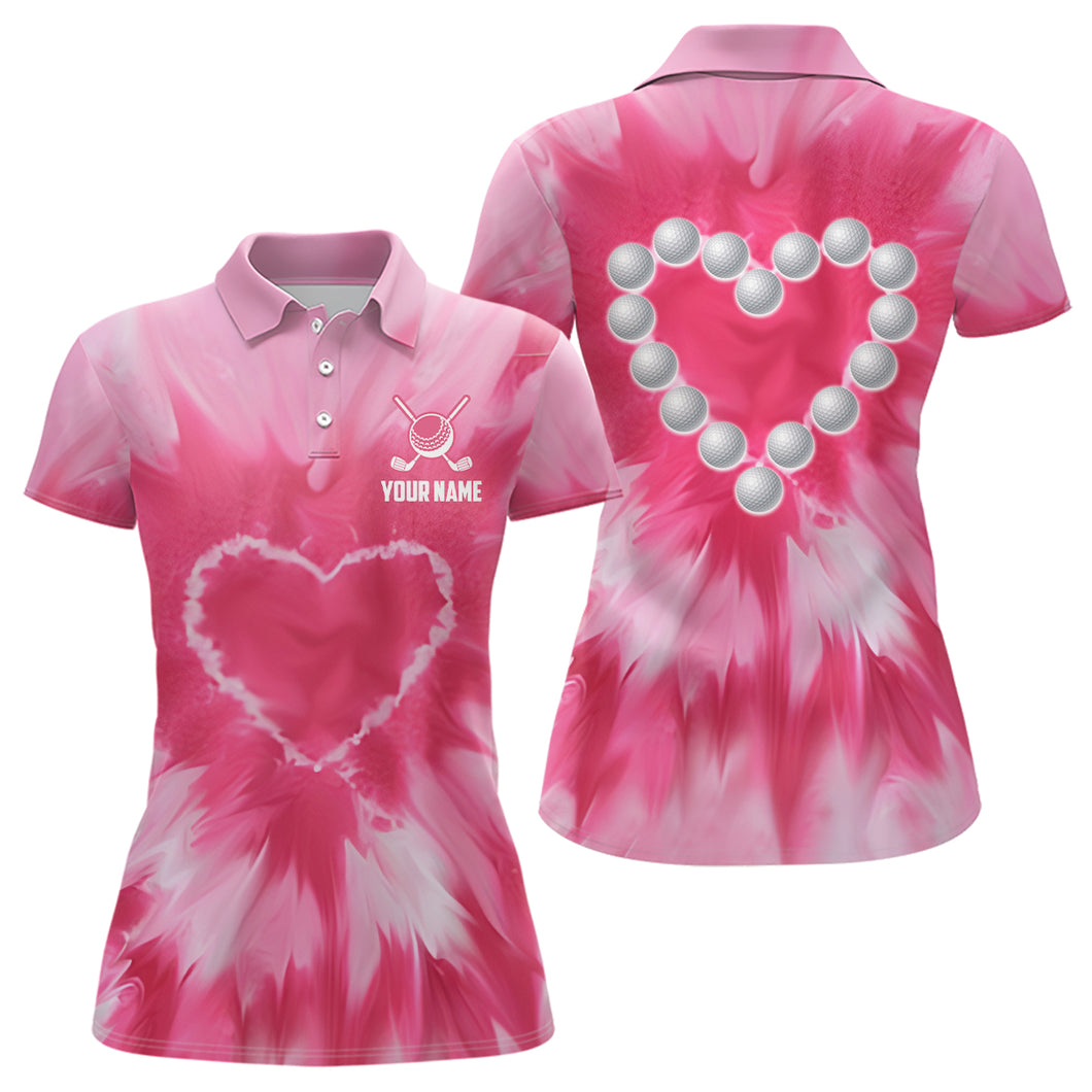 Pink Tie Dye Womens Golf Polo Shirt Custom Golf Ball With Heart Golf Outfit For Ladies, Golfing Gifts TDM1839