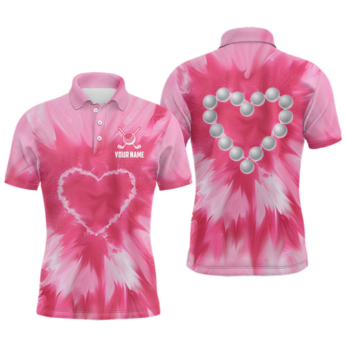 Pink Tie Dye Mens Golf Polo Shirt Custom Golf Ball With Heart Golf Outfit For Men, Golfing Gifts TDM1839