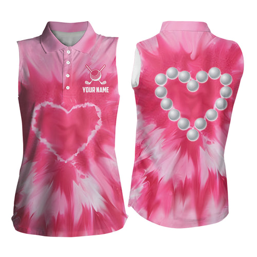 Pink Tie Dye Women Sleeveless Polo Shirt Custom Golf Ball With Heart Outfit For Ladies, Golfing Gifts TDM1839