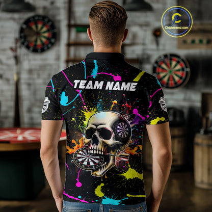 Personalized Funny Skull Colorful Paint Dart Shirt For Men Custom Darts Team Jersey Polo & 1/4 Zip TDM4213