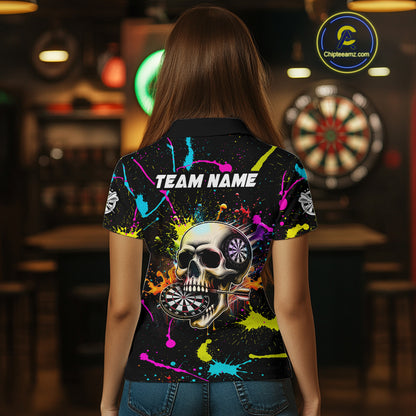 Personalized Funny Skull Colorful Paint Dart Shirt For Women Custom Darts Team Jersey Polo & 1/4 Zip TDM4213