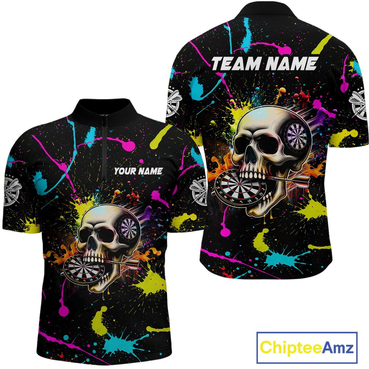 Personalized Funny Skull Colorful Paint Dart Shirt For Men Custom Darts Team Jersey Polo & 1/4 Zip TDM4213