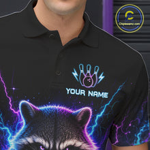 Load image into Gallery viewer, Close-up of a neon raccoon bowling polo shirt collar, buttons, and raccoon artwork details.
