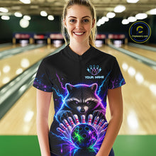 Load image into Gallery viewer, Woman wearing a neon raccoon bowling quarter zip jersey during league competition front view.