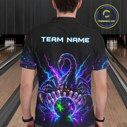 Back view of man wearing a neon scorpion bowling polo shirt inside a bowling alley.