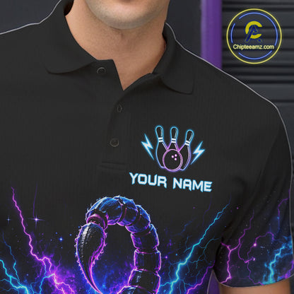 Close-up of a neon scorpion bowling polo shirt collar, buttons, and scorpion artwork details.