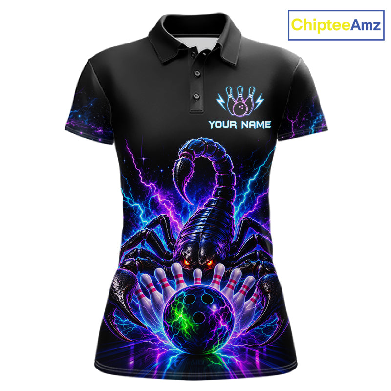 Neon scorpion bowling polo shirt for women with custom bowling team graphics.
