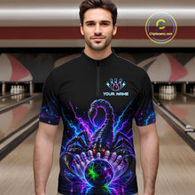 Load image into Gallery viewer, Man wearing a neon scorpion bowling quarter zip jersey during league competition front view.