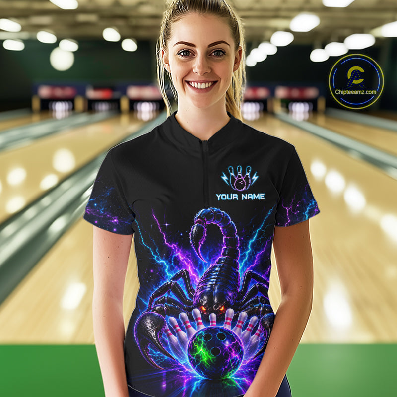 Woman wearing a neon scorpion bowling quarter zip jersey during league competition front view.