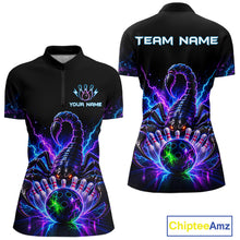 Load image into Gallery viewer, Neon scorpion bowling quarter zip shirt for women designed for league tournaments and team events.