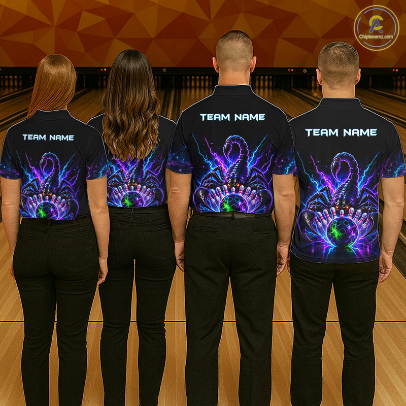 Back view of bowling team wearing matching neon scorpion bowling shirts in a bowling alley.