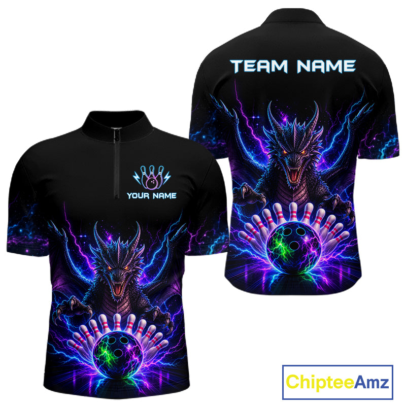 Neon dragon bowling quarter zip shirt for men designed for league tournaments and team events.