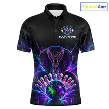 Load image into Gallery viewer, Neon cobra bowling polo shirt for men with custom bowling team graphics.