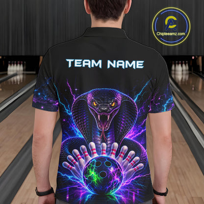 Back view of man wearing a neon cobra bowling polo shirt inside a bowling alley.