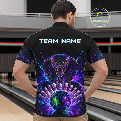 Back view of man wearing a neon cobra bowling quarter zip shirt in a bowling alley.