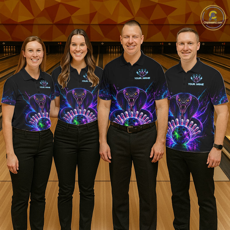 Bowling team wearing matching neon cobra bowling jerseys during league matches front view.