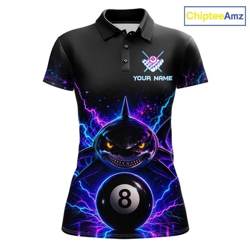 Neon shark 8 ball billiard polo shirt for women with custom pool team graphics.