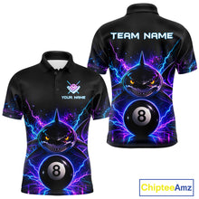 Load image into Gallery viewer, Neon shark 8 ball billiard polo shirt for men with custom pool team graphics.
