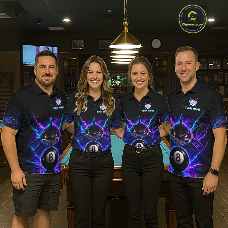 Pool team wearing matching neon shark 8 ball billiard jerseys during tournament competition front view.