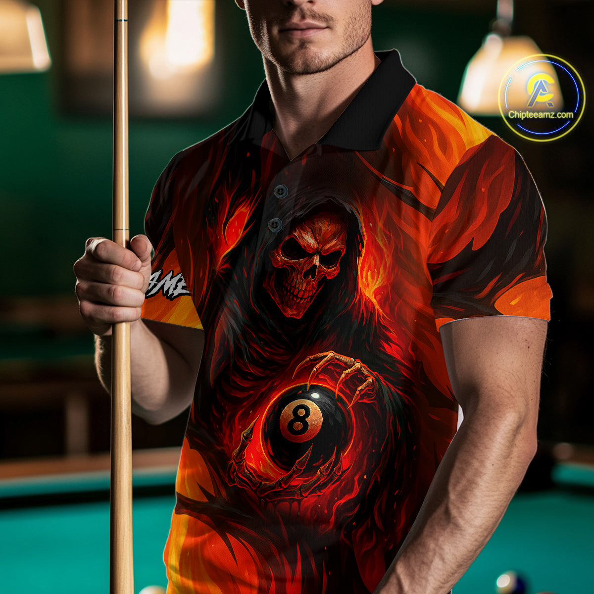 Orange Flaming Grim Reaper 8 Ball Billiard Shirt For Men Custom Halloween Pool Team Shirt Outfit TDM4811