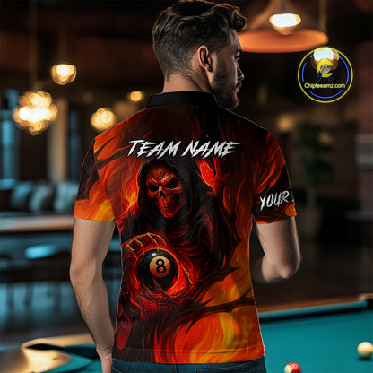 Orange Flaming Grim Reaper 8 Ball Billiard Shirt For Men Custom Halloween Pool Team Shirt Outfit TDM4811