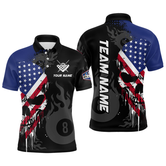 Grunge American Flag Skull 8 Ball Pool Custom Men Billiard Shirts, Patriotic Billiard Team Jerseys TDM3249