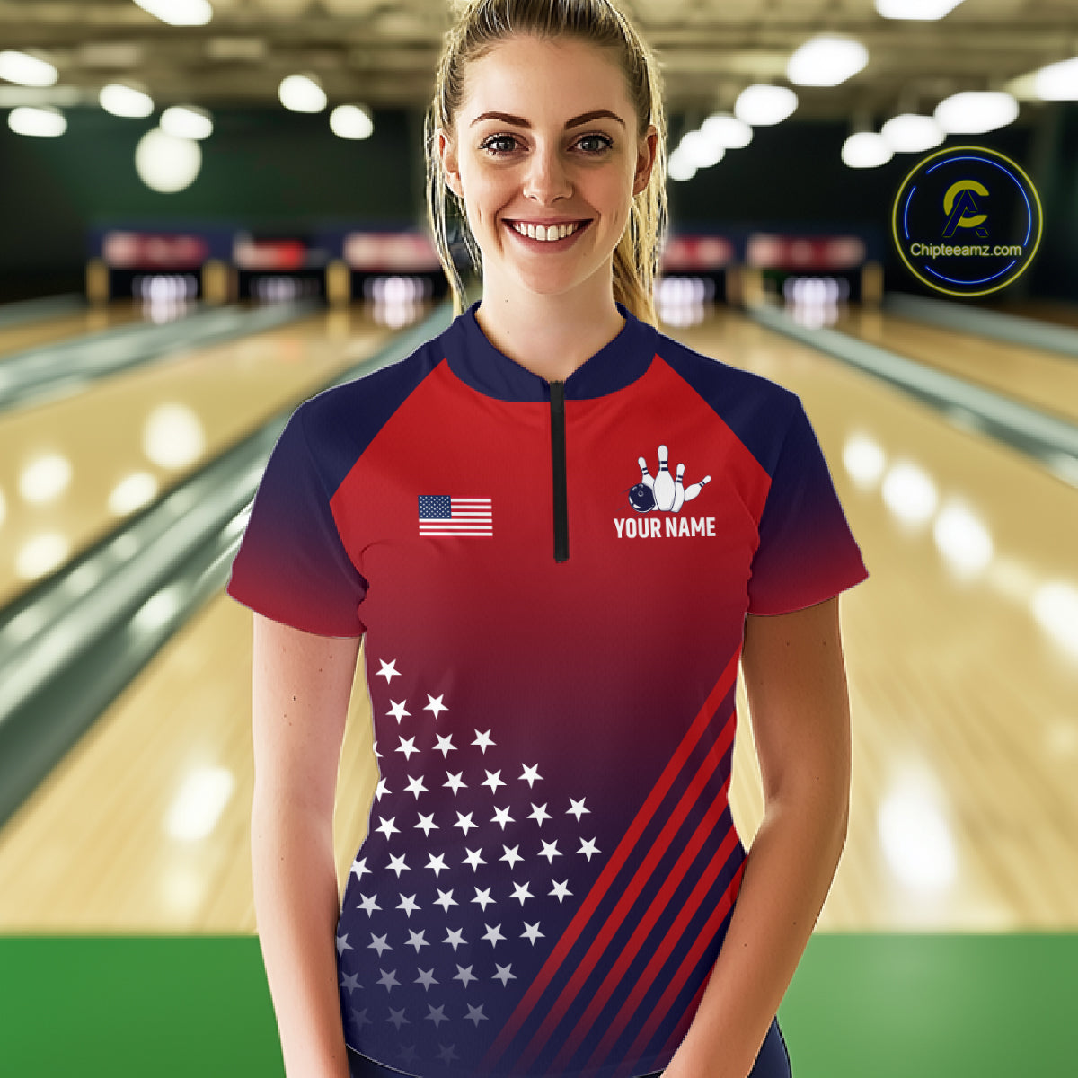 American Flag Bowling Jersey For Women, Custom Patriotic Bowling League Team Shirts Polo & 1/4 Zip TDM6544