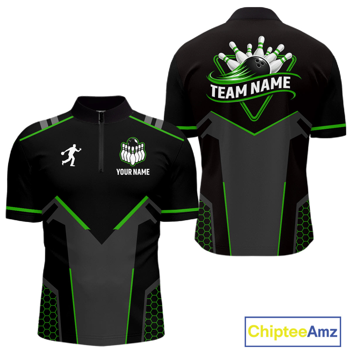 Personalized Bowling Jersey For Men, Custom Black And Green Bowling Team Shirt Polo & 1/4 Zip TDM6546