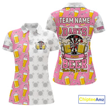 Load image into Gallery viewer, Pink and white darts and beer darts polo shirt for women with custom darts team graphics.