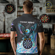 Load image into Gallery viewer, Man wearing custom holographic dartboard eagle darts team jersey polo shirt featuring holographic eagle dartboard artwork, back view.