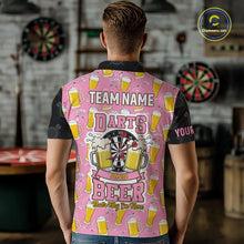 Load image into Gallery viewer, Back view of man wearing a pink and black darts and beer darts shirt.