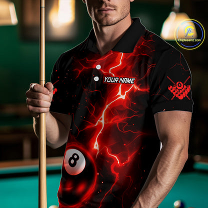 Red And Black 8 Ball Striking Thunder Lightning Billiard Shirt For Men Custom Pool Team Jerseys TDM4388