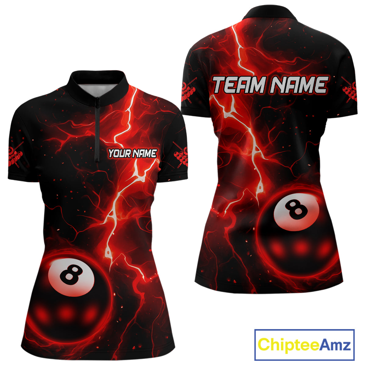 Red And Black 8 Ball Striking Thunder Lightning Billiard Shirt For Women Custom Pool Team Jerseys TDM4388