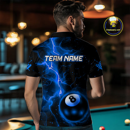 Blue And Black 8 Ball Striking Thunder Lightning Billiard Shirt For Men Custom Pool Team Jerseys TDM4389