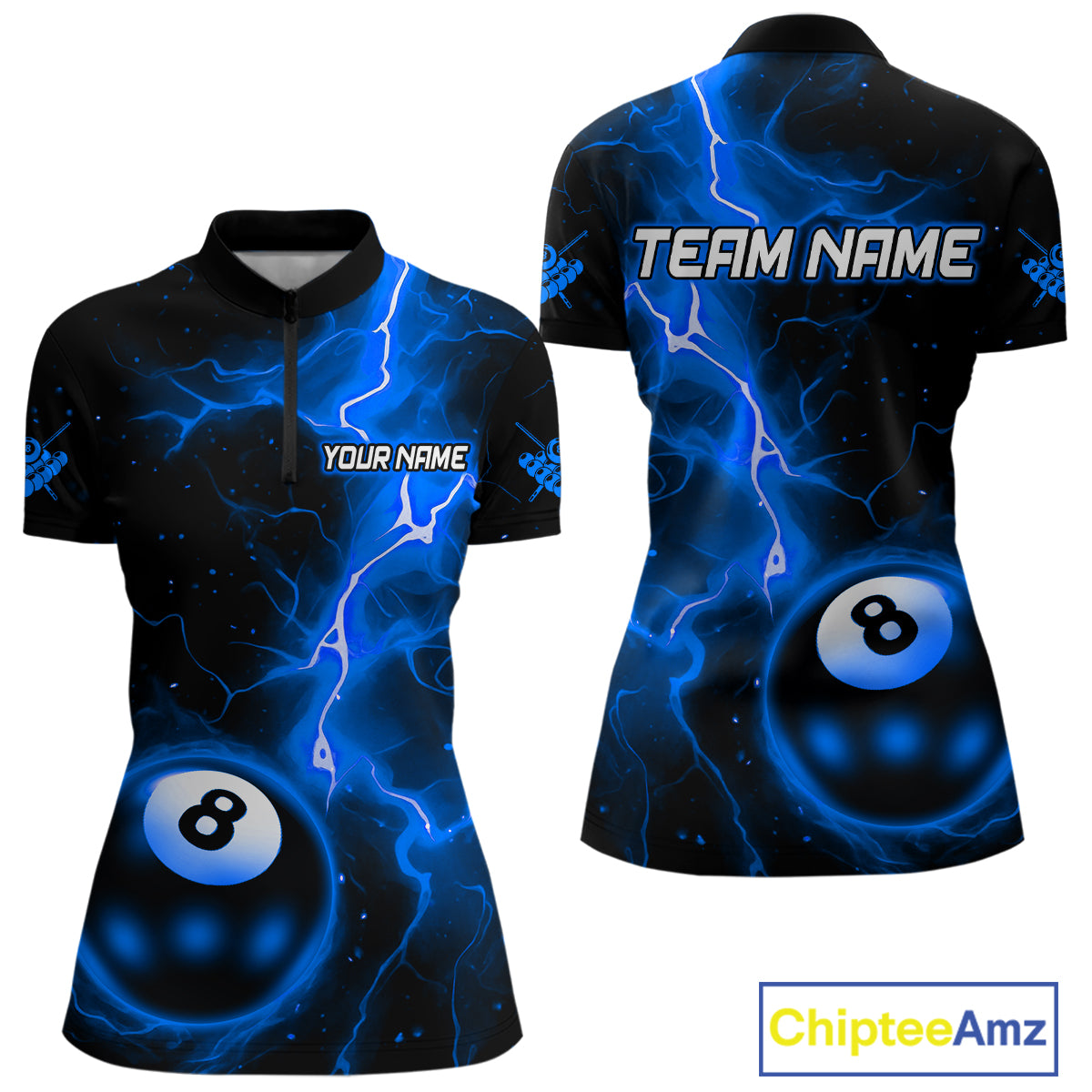 Blue And Black 8 Ball Striking Thunder Lightning Billiard Shirt For Women Custom Pool Team Jerseys TDM4389