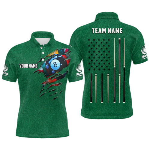 Customized Billiard Green American Flag  Polo Shirts For Men, Custom 8 Ball Unique Billiard Shirts TDM0140