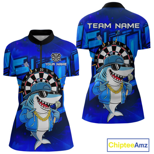 Blue Funny Shark Custom Darts Shirt For Women, Personalized Darts Jersey Team Polo & Quarter Zip TDM5245