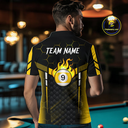 Personalized Yellow 9 Ball Flame Billiard Polo & Quarter Zip For Men, 9 Ball Pool Team Jersey TDM6127
