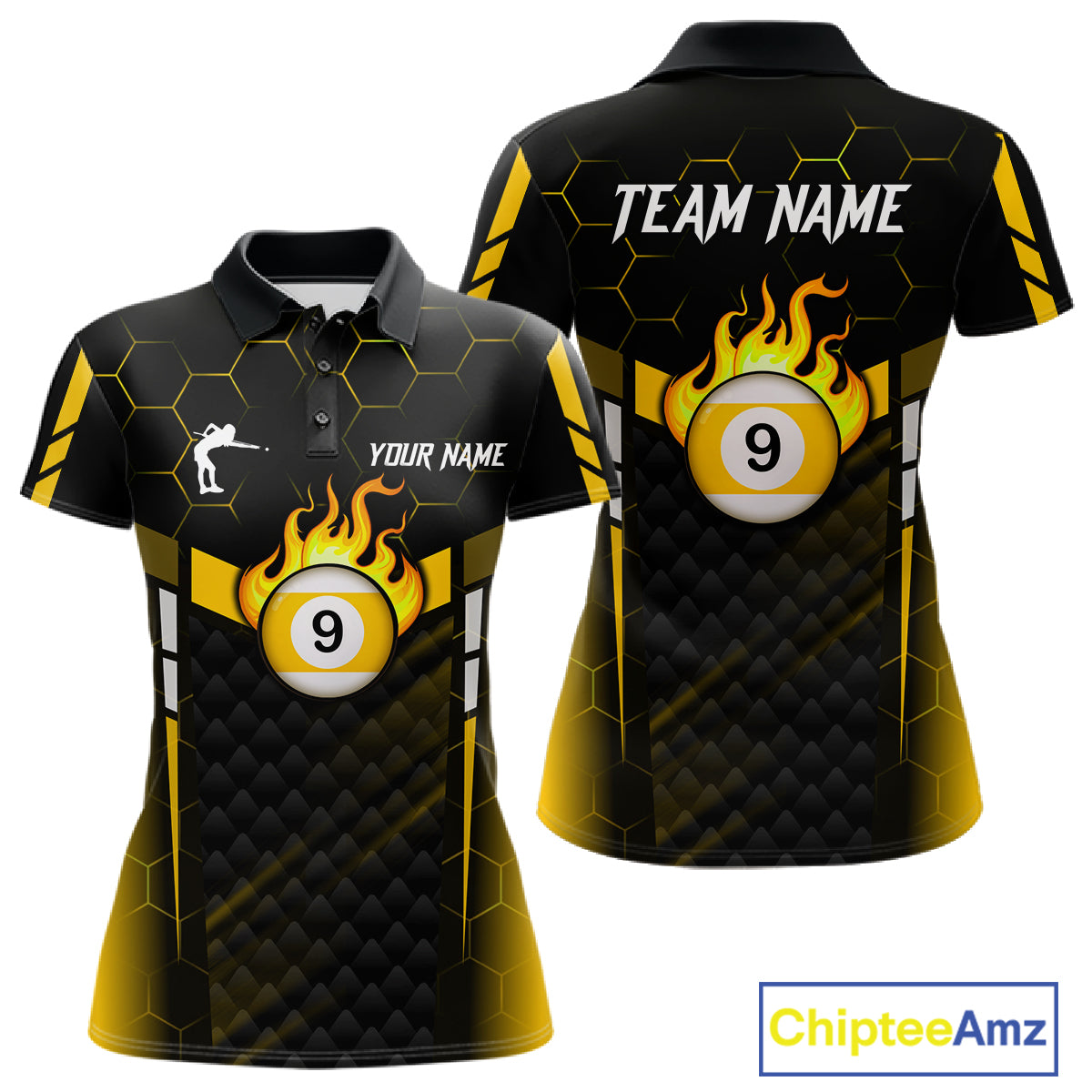Personalized Yellow 9 Ball Flame Billiard Polo & Quarter Zip For Women, 9 Ball Pool Team Jersey TDM6127