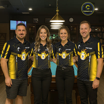Personalized Yellow 9 Ball Flame Billiard Polo & Quarter Zip For Men, 9 Ball Pool Team Jersey TDM6127