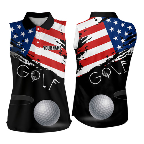 Grunge US Flag Black Women Sleeveless Polo Shirt Custom Patriotic 4Th Of July Golf Shirts, Golf Gift TDM1855