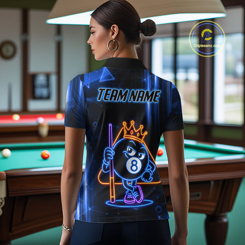 Woman Wearing Personalized Blue Funny Neon 8 Ball Custom Billiard Team Jersey Featuring the Complete Rear Artwork and Personalized Details, Back View