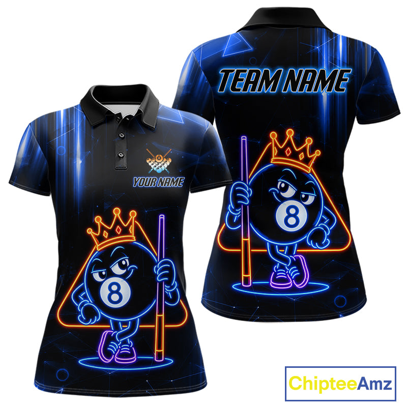 Custom Blue Funny Neon 8 Ball Pool Polo Shirt Designed for Personalized Billiard Team Jerseys with Vibrant Graphics and Athletic Performance Style
