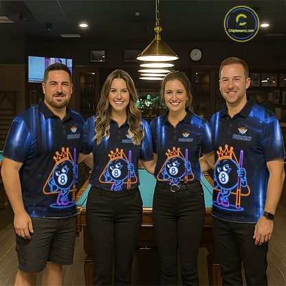 Pool Team Wearing Personalized Blue Funny Neon 8 Ball Billiard Jerseys During Pool League Competition and Tournament Events, Front View