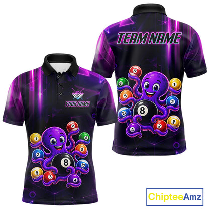 Custom Purple Funny Neon Octopus 8 Ball Pool Polo Shirt Designed for Billiard League Teams with Eye Catching Neon Graphics and Athletic Performance Style