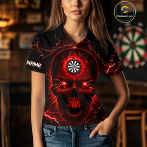 Personalized Red Darts Skull Shirt For Women Custom Polo & 1/4 Zip Lightning Thunder Darts Jersey TDM4621